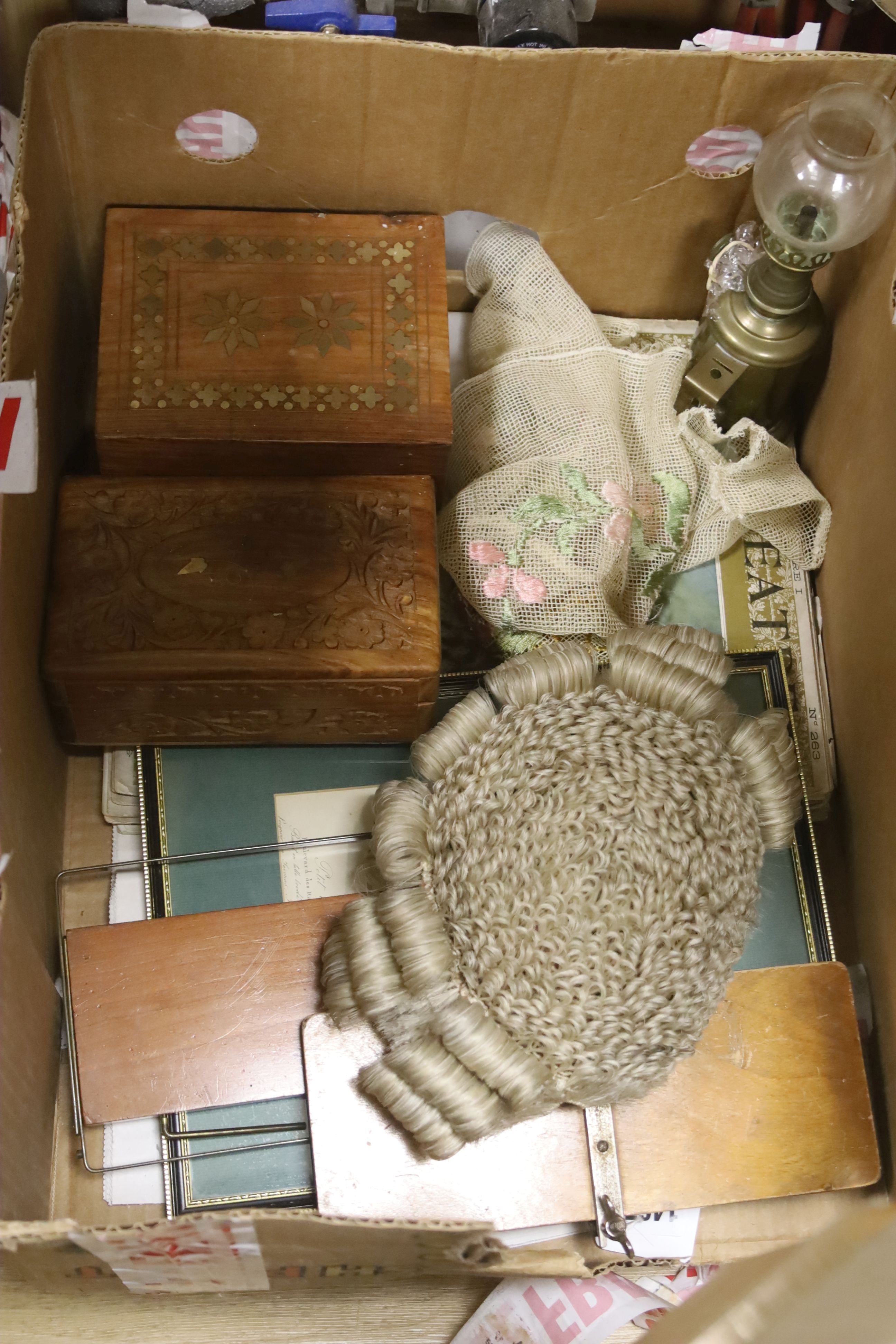 A vintage barrister's wig, a tie press, a book stand, an oil lamp and sundries